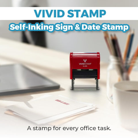 Smooth Operator Sign And Date Self Inking Rubber Stamp With Crisp Red Ink Medium Size on office desk for signing tasks.
