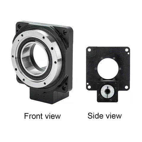 Pro Grade Hollow Motorized Rotary Turntable With Smooth Planetary Gear System showing front and side views for precise CNC tasks.