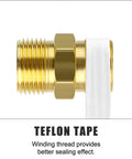 Brass compression tube fitting connector for 1/4 in tube, white PTFE tape wrapped on end, side view