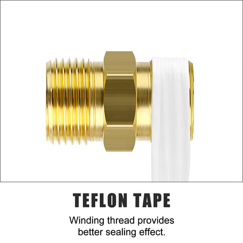 Brass compression tube fitting connector for 1/4 in tube, white PTFE tape wrapped on end, side view