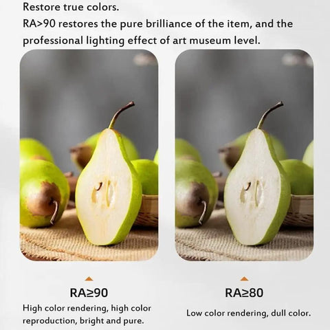 Comparison of pear fruits under different lighting, showcasing color accuracy: RA≥90 vs RA≥80.