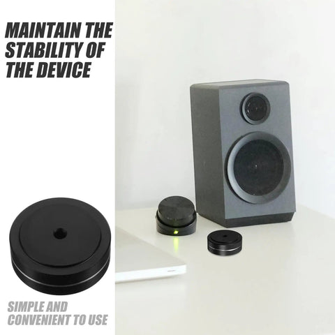 Aluminum Speaker Isolation Pads For Durable Vibration Control And Noise Reduction Slip Resistant Foot Mats next to speaker