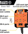 Magnetic Power Strip With Surge Protector, Four Outlets, Three USB Ports, Five-Foot Cord, Heavy-Duty Power Box With Built-In LED Work Light For Tools And Chargers, Extension Cord For Workbenches, PowerBox 1 shown with labels for each feature.