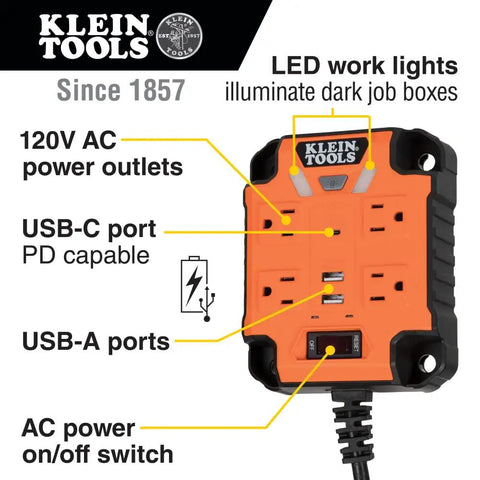 Magnetic Power Strip With Surge Protector, Four Outlets, Three USB Ports, Five-Foot Cord, Heavy-Duty Power Box With Built-In LED Work Light For Tools And Chargers, Extension Cord For Workbenches, PowerBox 1 shown with labels for each feature.