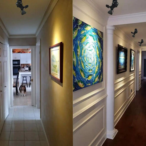 Two Pack Dope Industrial Vintage Ceiling Track Lights with Adjustable Spotlight Heads in hallways, highlighting wall art.