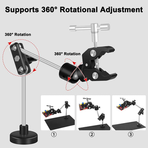 Magnetic Soldering Clamp With 2.16 Inch Jaw And 55 Lb Base, 360 Degree Rotation, demonstrates rotational adjustment in multiple views.