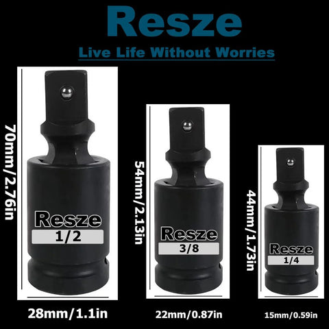Three Resze universal joint socket adapters; 1/4, 3/8, 1/2 in drives, front views with 15mm, 22mm, 28mm sizes