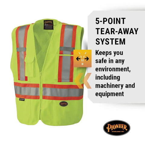 Men's High Visibility Tear Away Safety Vest With Full Mesh Back Class Two Reflective Tape Road Crew favorite in bright yellow.