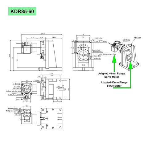 Heavy Duty Hollow Rotary Actuator For Industrial Use, 5 Axis Rotating Platform dimensions and motor adaptation illustration.