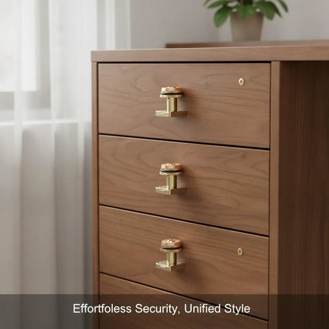 Mechanical Combination Cam Lock In Gold Zinc Alloy For Drawers And Cabinets Keyless Dial Lock For Secure Storage No Batteries Needed Built Tough For Everyday Use 1 Pack installed on wooden dresser
