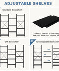 Image showing the Triple Column 4 Tier Bookshelf With Adjustable Shelves, modular design with 11 black shelves and three configurations.