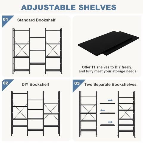 Image showing the Triple Column 4 Tier Bookshelf With Adjustable Shelves, modular design with 11 black shelves and three configurations.