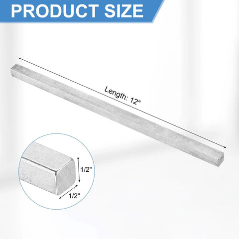 Cold Drawn 0.5 Inch Square Steel Key Stock Bar Built Tough For Gearbox Couplings, 12 Inch Length, 45 Steel Precision, Silver Tone