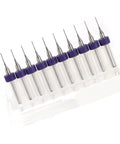 Pro Grade Tungsten Carbide Drill Bits 10 Piece Kit for Detailed Work and PCB Prototyping, lined up in a plastic holder