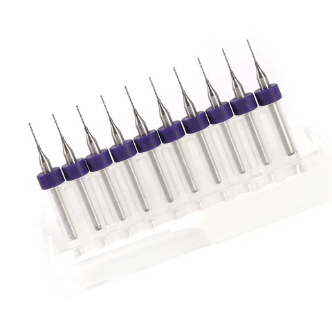 Pro Grade Tungsten Carbide Drill Bits 10 Piece Kit for Detailed Work and PCB Prototyping, lined up in a plastic holder