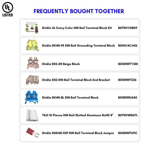 Product list of frequently bought together DIN rail components, including terminal blocks and mounting kits with UL listing.