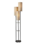 Three Light Floor Lamp With Pull Chain Operation, Two-Tier Storage, Black Base And Brown Textured Fabric Shades, 68 Inches Tall
