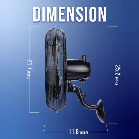 Side view of 20 Inch Pro Series High Velocity Oscillating Waterproof Outdoor Wall Mount Fan For Industrial, Commercial And Residential Use, 3 Speed Settings, 5250 CFM, Rugged And Rust Resistant Aluminum And Steel, UL Listed with dimensions 25.2x21.7 inches.