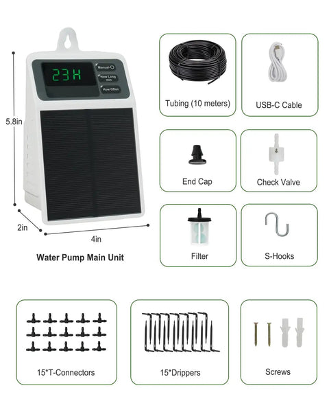 Smart Drip Irrigation System For 15 Pots With Solar And USB C Dual Charging 2200mAh Battery IPX5 Waterproof Auto Timer Modes Kit