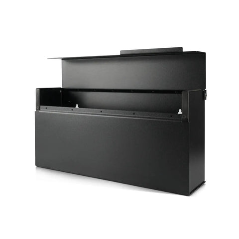 Modern Wall Mounted Mailbox Black for Home Outdoor Use with Rust Resistant Steel build. Sleek mailbox design with open lid.