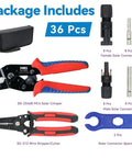 Pro Grade Solar Panel Crimping Tool Kit with crimper, stripper, 8 pairs solar connectors, spanner wrench, and case included.