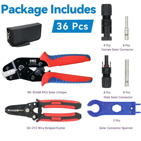 Pro Grade Solar Panel Crimping Tool Kit with crimper, stripper, 8 pairs solar connectors, spanner wrench, and case included.