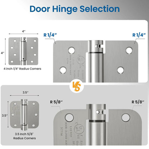 Image comparing 4 inch 1/4 radius and 3.5 inch 5/8 radius self closing door hinges in satin nickel finish.