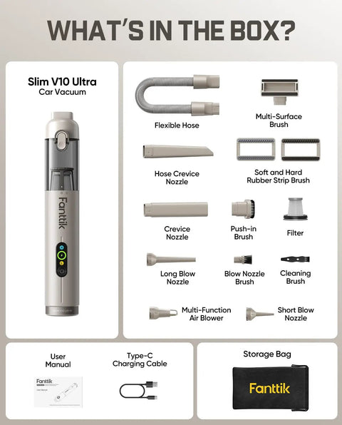 What's in the box of Slim V10 Ultra Cordless Car Vacuum 4 In 1 Portable Mini Cleaner With 19KPa Suction, multiple attachments shown.