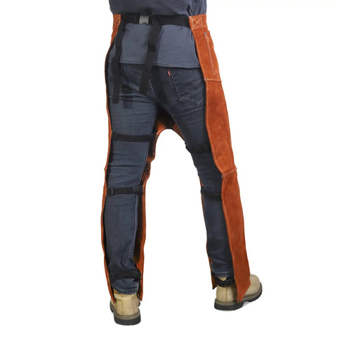 Back view of Split Leather Welding Pants With Heat And Flame Resistant Safety Leg Protection For Men And Women, Adjustable M-XXXL.