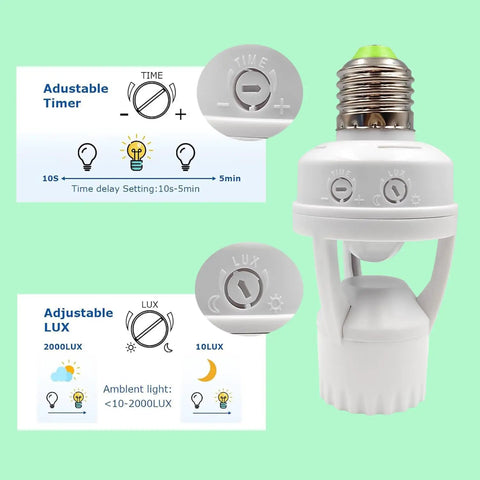 Infrared Motion Sensor Light Socket With E26 E27 Screw In Adapter For Automatic Light Control Easy No Fuss Install And Adjustable Duration Perfect For Indoor Outdoor Garage Basement Stairway Hallway Lighting, adjustable timer and LUX dials