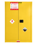 Pro Grade 90 Gallon Flammable Safety Cabinet Built Tough As Nails With Double Manual Doors For Industrial Shops OSHA Certified Flammable Liquid Storage Locker In Bright Yellow with warning labels.