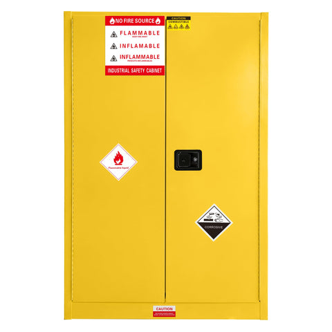 Top Rated Flammable Safety Cabinet With Double Doors, Solid ColdRolled Steel Chemical Storage Locker, Osha Compliant Yellow Industrial Rack Built Like A Tank For Shops Garages And Labs Ready To Crush It, front view with hazard labels.