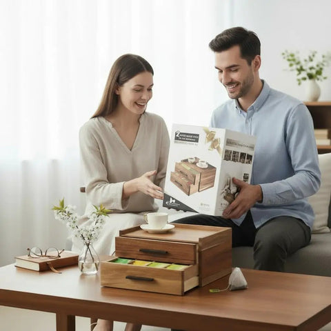 Couple unboxing Wood Tea Bag Organizer With Gift Box Double Drawer Tea Box For Tea Accessories Storage On Countertop Or Office Desk