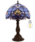 Blue Purple Tiffany Style Stained Glass Table Lamp 12x12x18 Inch With Lavender Hue Baroque Artwork Antique Green Bronze Base