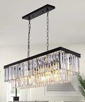 9 Light Black Crystal Rectangle Chandelier for Dining Room and Kitchen Island with sleek black frame and clear crystals