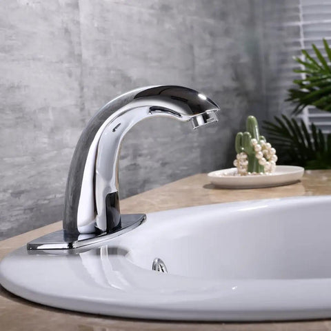 Hands Free Touchless Bathroom Sink Faucet With Motion Sensor Auto Water Flow Chrome Finish Includes Hole Cover Plate Easy Install Water Saving Auto Tap For Modern Home Bath Powder Room on countertop with round sink