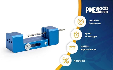 Derby Car Drill Jig For Precise Axle Holes Create Straight Or 2.5 Degree Angled Holes And Raised Wheel Holes To Speed Up Your Pinewood Derby Build, Save Time, And Get A Cleaner, Faster Car On Race Day with a blue aluminum body and drill bit