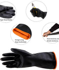 Heavy Duty PU Apron And Latex Gloves Set showing black latex glove with orange lining, highlighting elasticity and grip with tool in hand.