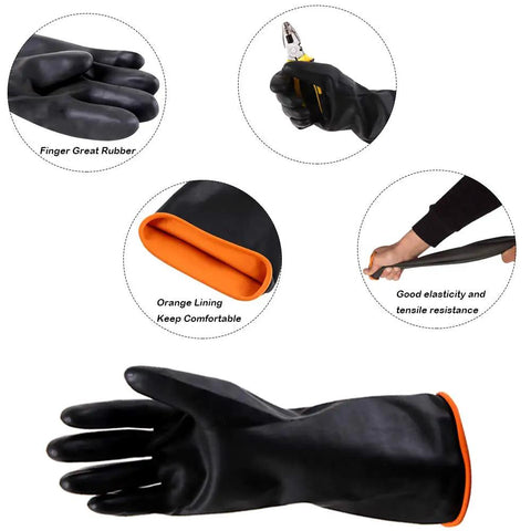 Heavy Duty PU Apron And Latex Gloves Set showing black latex glove with orange lining, highlighting elasticity and grip with tool in hand.