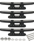 Heavy Duty 4 Inch Black Nylon Marine Dock Cleats 4 Pack With Premium Stainless Steel Screws For Boat Yacht Rope Mooring, shown from the front.