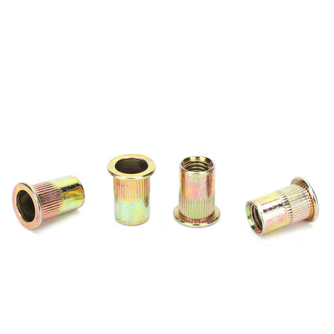 100-Piece M10 Zinc Plated Carbon Steel Rivet Nut Kit for Metal Plates and Pipes, showcasing individual nutserts on white background