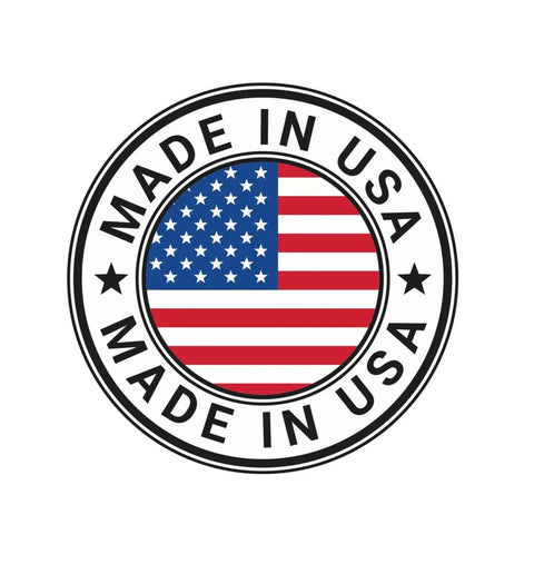 Circular 'Made in USA' label with American flag design in the center, symbolizing product origin.