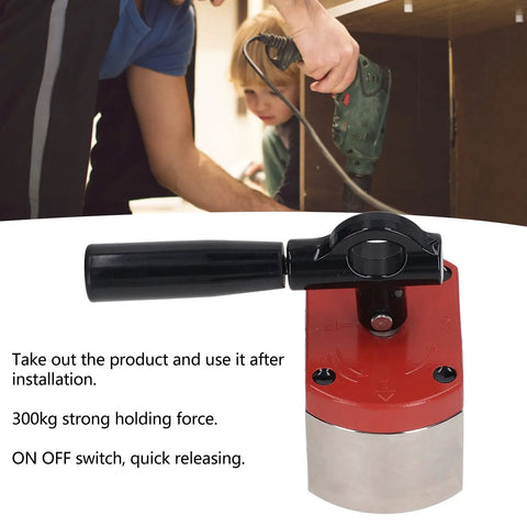 Heavy Duty On Off Magnetic Clamp With Six Hundred Pound Holding Power shown with a black handle and red base, used for welding.