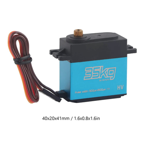 2 Pack 35Kg High Torque Digital RC Servos With Coreless Motor And Full Metal Gears built heavy duty for sturdy steering in blue.