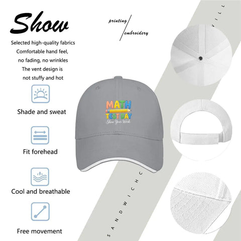 Show Your Work Math Themed Adjustable Light Grey Hat For Women with colorful embroidery and breathable ventilation holes.