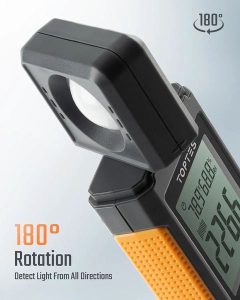 180 Degree Rotating Sensor Light Meter With Lux And Foot Candle Readings, Range 0.1 To 200000 Lux, Big Backlit 2.25 Inch LCD, Quick 0.5s Sampling, Perfect For Plant Lighting, Car Headlights, And Home Or Office LEDs. 180° probe close-up