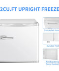 Mini Upright Freezer 1.2 Cu Ft Compact Build With Removable Slides And Adjustable Thermostat Dial In Bright White Finish showing concealed handle and durable feet.