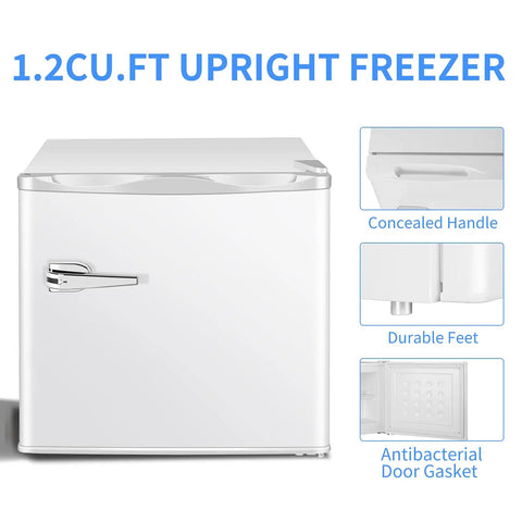 Mini Upright Freezer 1.2 Cu Ft Compact Build With Removable Slides And Adjustable Thermostat Dial In Bright White Finish showing concealed handle and durable feet.