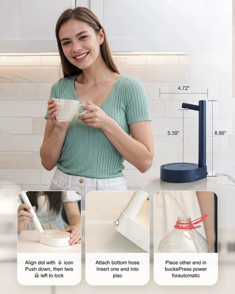 Woman using Desktop Water Dispenser For 5 Gallon Bottles Portable Small Electric Water Pump For Home Office Camping Outdoor White Rechargeable Countertop Easy To Use No Dripping Ideal For Kitchen Dorm RV Office Desk Or Outdoor Trips Fits Various Bottle Sizes