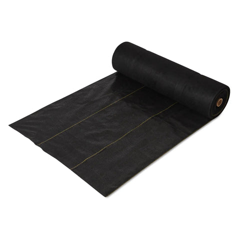 Pro-5 Heavy-Duty Weed Barrier Fabric 5 Oz Ground Cover Mat 6 By 250 Feet roll, black material, used for landscaping and raised garden beds.